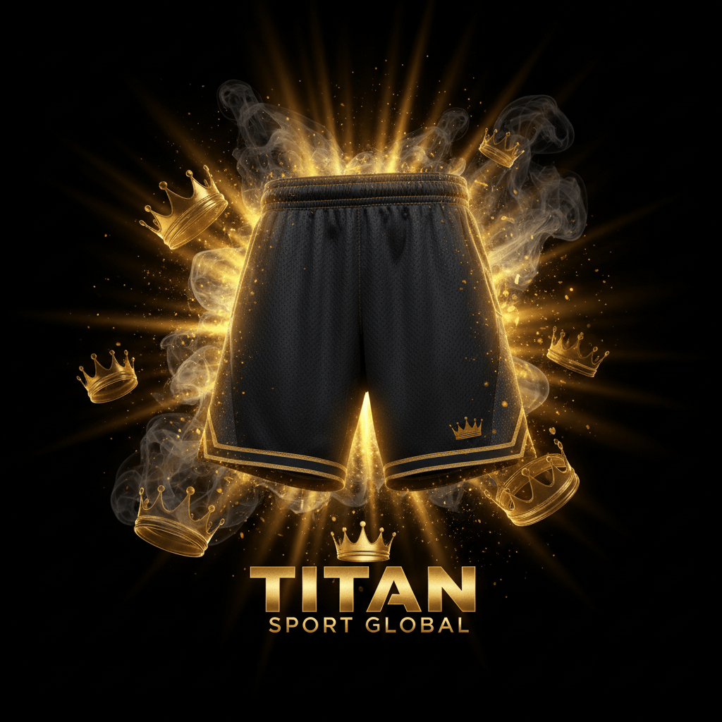 TITAN SPORT GLOBAL basketball shorts with gold crown branding on dark background