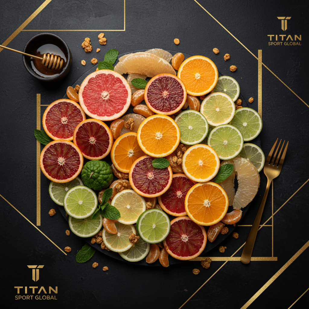 TITAN Global Citrus Vitamin Fruit Platter flat lay dark luxury