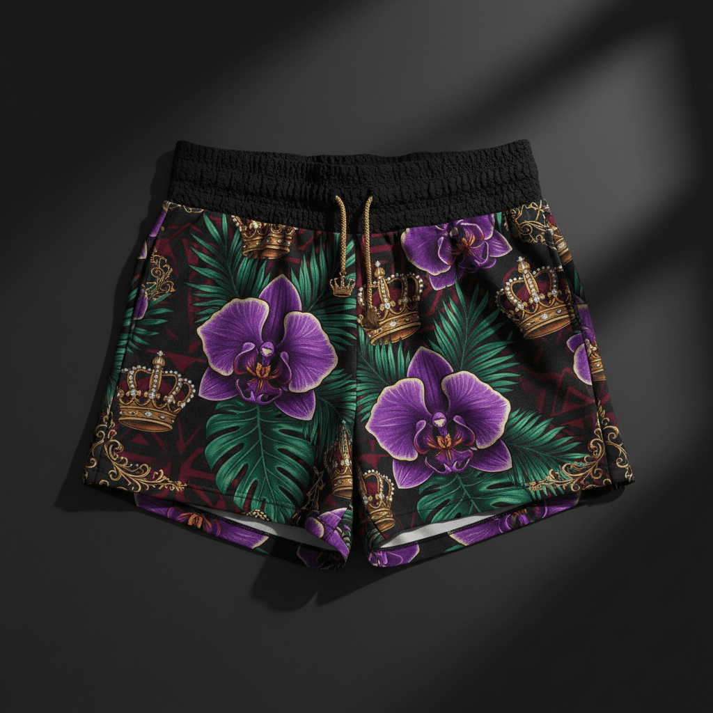 TITAN Crown Edition Tattoo Art Women's Lounge Shorts - bold orchid tropics tattoo artwork on matte black fabric