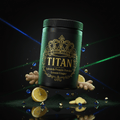 TITAN Spirulina Protein Powder – Lemon Ginger, matte black tub with gold crown tattoo artwork, spirulina powder, lemon slices and ginger root