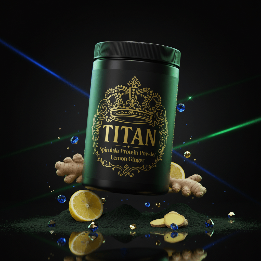 TITAN Spirulina Protein Powder – Lemon Ginger, matte black tub with gold crown tattoo artwork, spirulina powder, lemon slices and ginger root