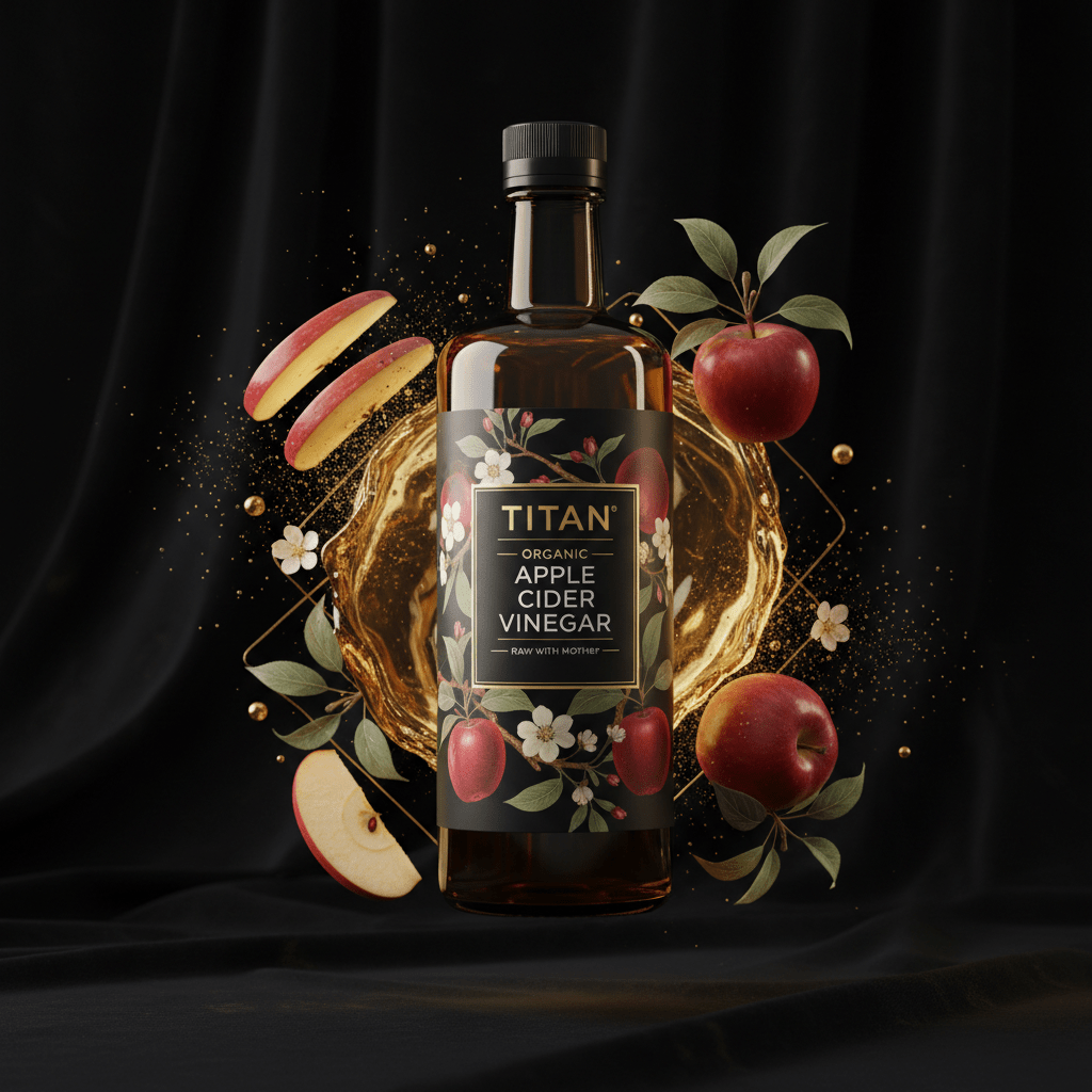 TITAN Organic Apple Cider Vinegar Raw with Mother — ultra-premium luxury editorial product shot