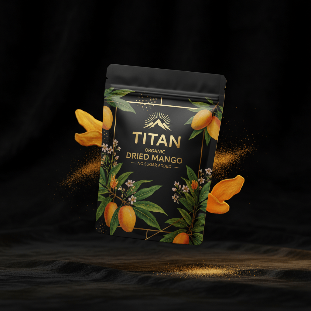 TITAN Organic Dried Mango No Sugar Added — ultra-premium luxury editorial product shot