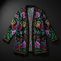 TITAN Crown Edition Tattoo Art Women's Lounge Cardigan - bold colorful tattoo artwork on matte black ribbed knit