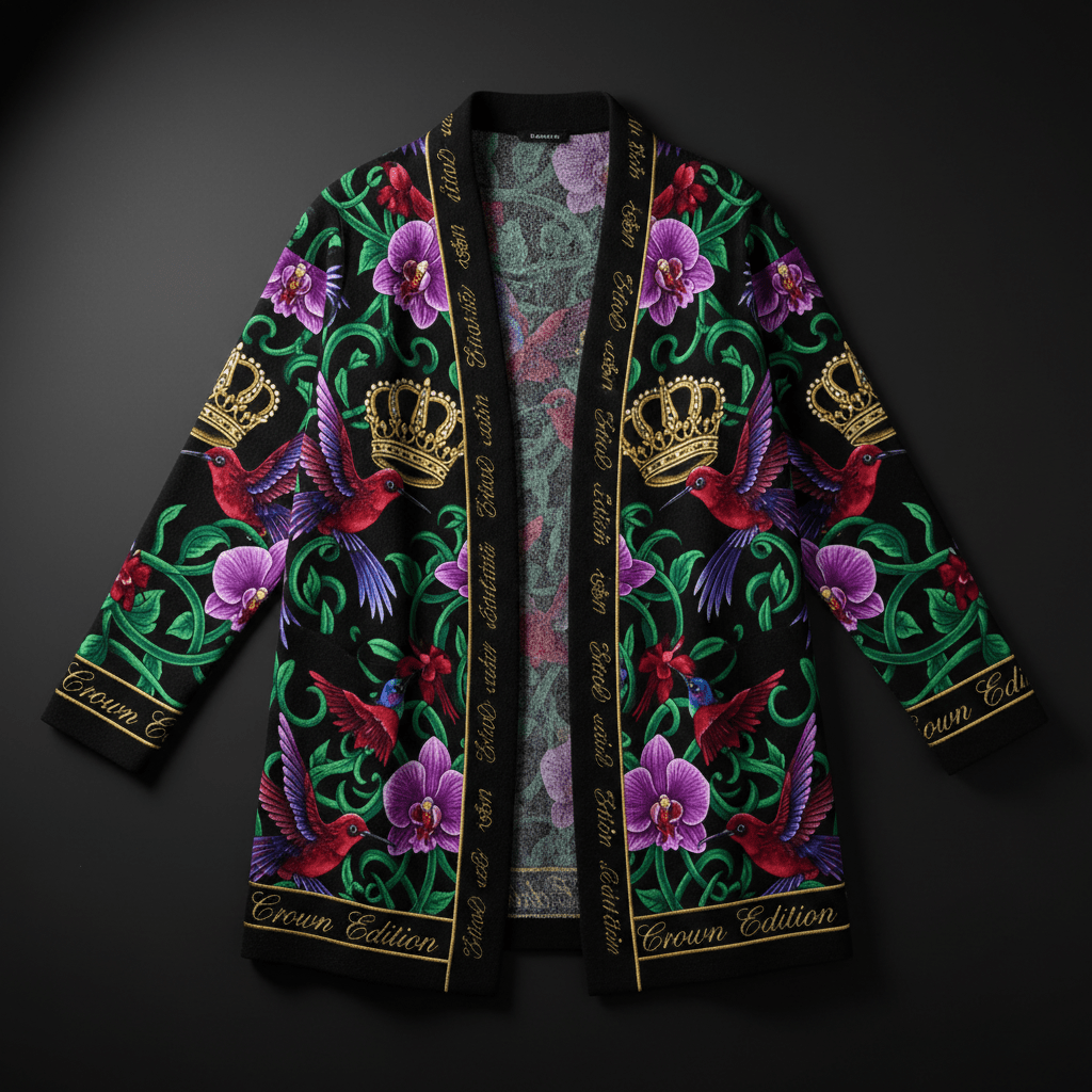 TITAN Crown Edition Tattoo Art Women's Lounge Cardigan - bold colorful tattoo artwork on matte black ribbed knit