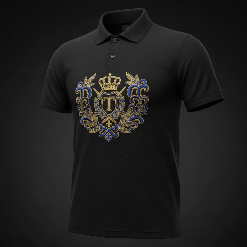 TITAN Embroidered Polo Shirt — Crown crest with laurel wreaths in gold and royal blue