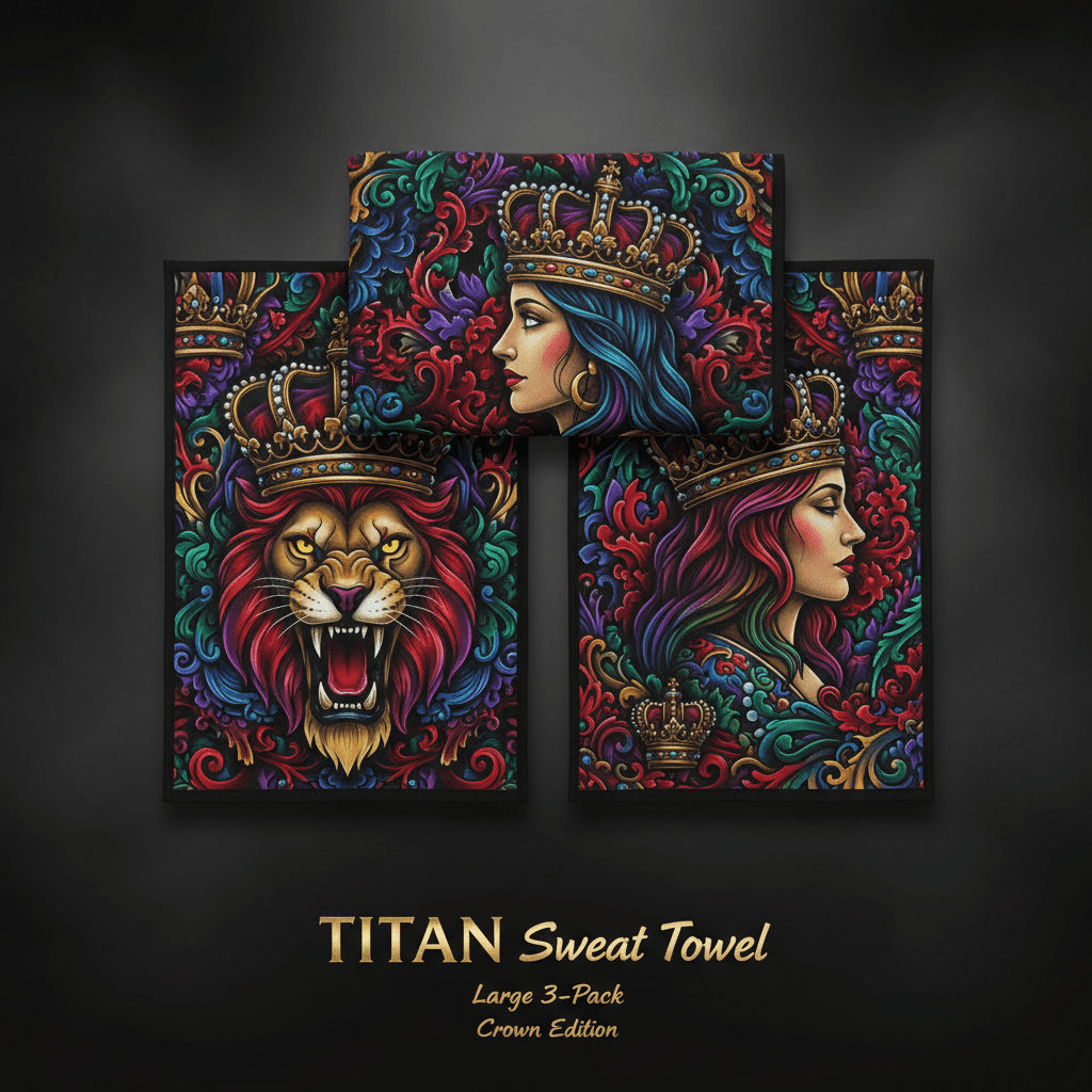 TITAN Sweat Towel Large 3-Pack with bold tattoo-style Crown Edition artwork