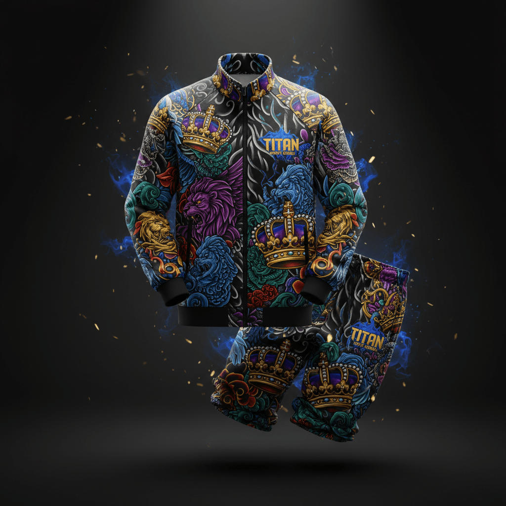 TITAN Crown Edition Performance Tracksuit flat lay with bold tattoo artwork