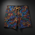 TITAN Crown Edition Men's Swim Trunks — bold tattoo artwork on matte black fabric