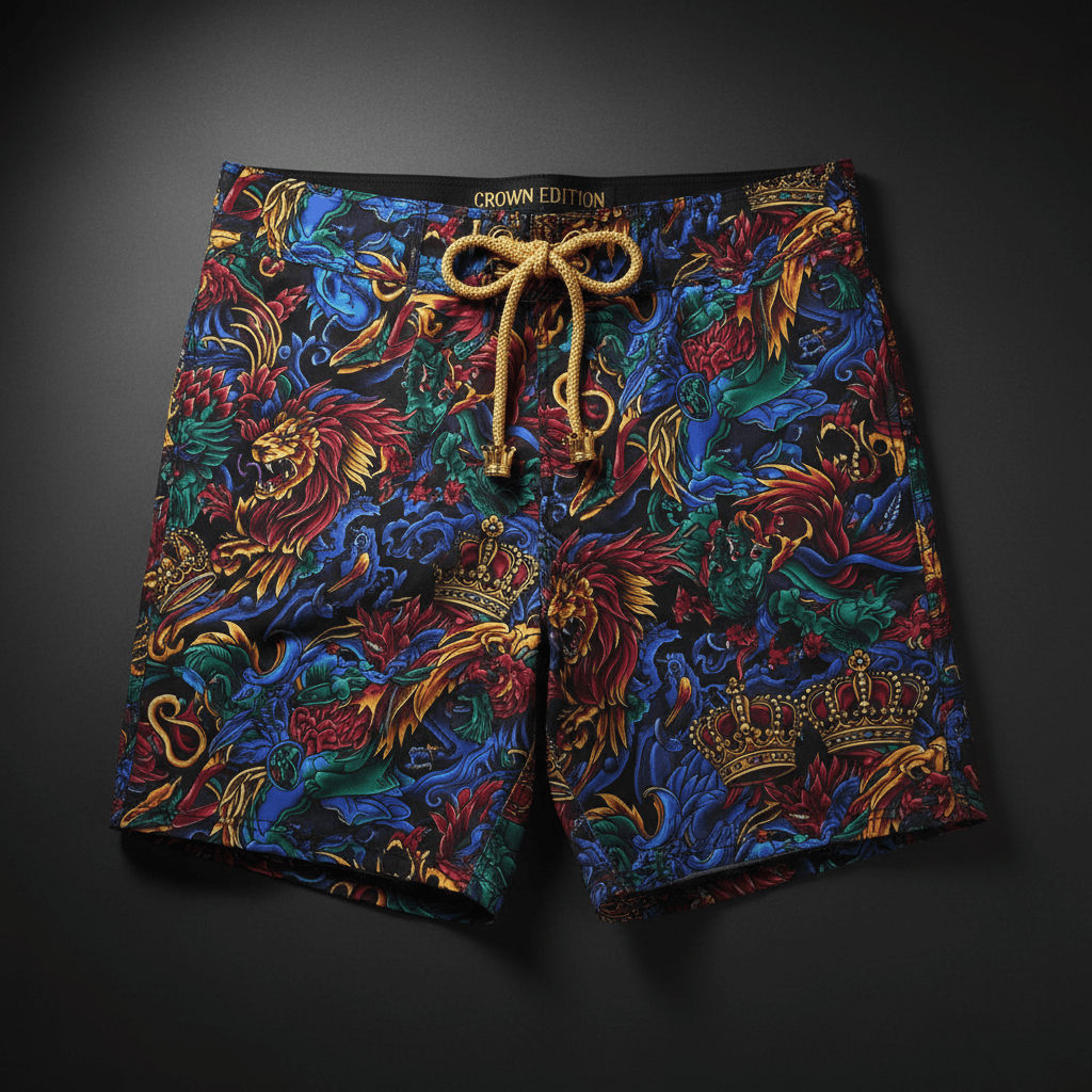 TITAN Crown Edition Men's Swim Trunks — bold tattoo artwork on matte black fabric