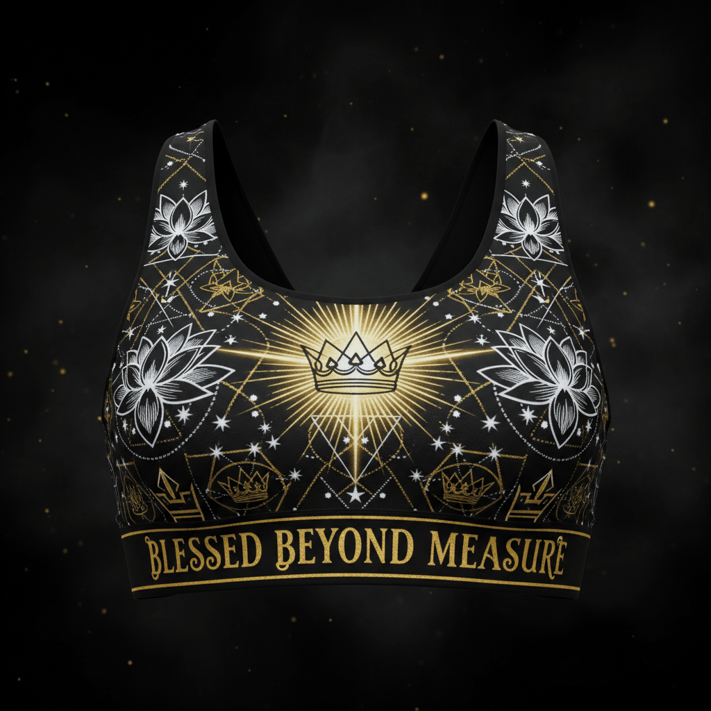 TITAN Women's Sports Bra Blessed Beyond Measure Crown Edition flat lay