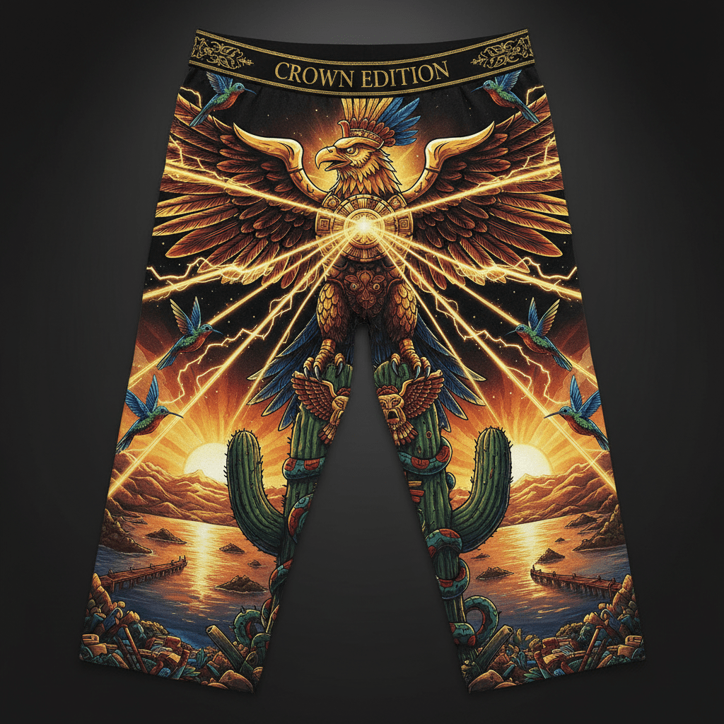 TITAN Huitzilopochtli Eagle Men's Lounge Pants Crown Edition — eagle in Aztec sun warrior armor anime art on matte black