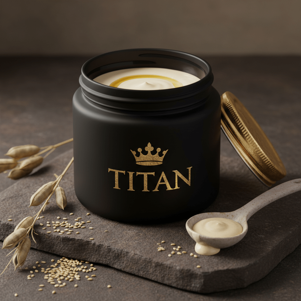 TITAN Organic Tahini Raw Sesame Butter Crown Edition — premium wide-mouth black glass jar product shot