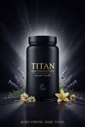TITAN Sleep & Recovery Protein Lavender Vanilla — dreamy moonlit canister with lavender sprigs, chamomile flowers and soft moonlight glow