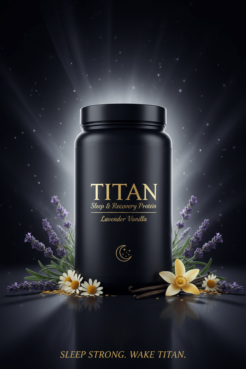 TITAN Sleep & Recovery Protein Lavender Vanilla — dreamy moonlit canister with lavender sprigs, chamomile flowers and soft moonlight glow