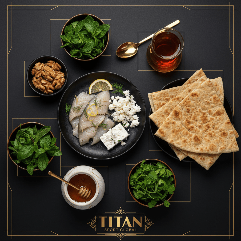 TITAN Persian Smoked Whitefish Power Breakfast meal kit flat lay dark luxury