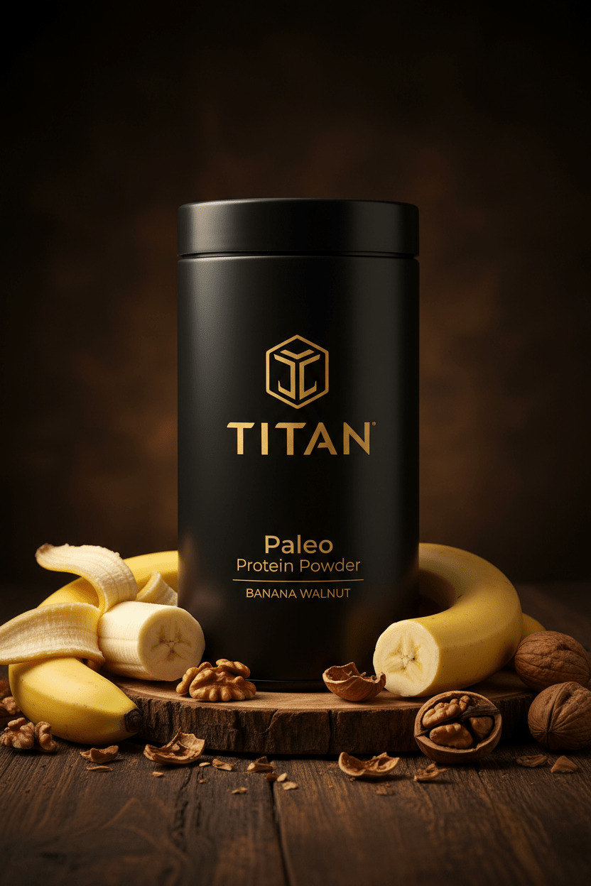 TITAN Paleo Protein Powder Banana Walnut — warm woodland canister shot with fresh bananas and cracked walnut halves on rustic wood surface