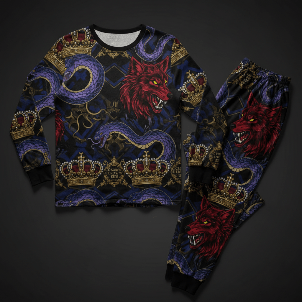 TITAN Crown Edition Tattoo Art Men's Winter Lounge Pajama Set - bold wolf serpent tattoo artwork on matte black modal