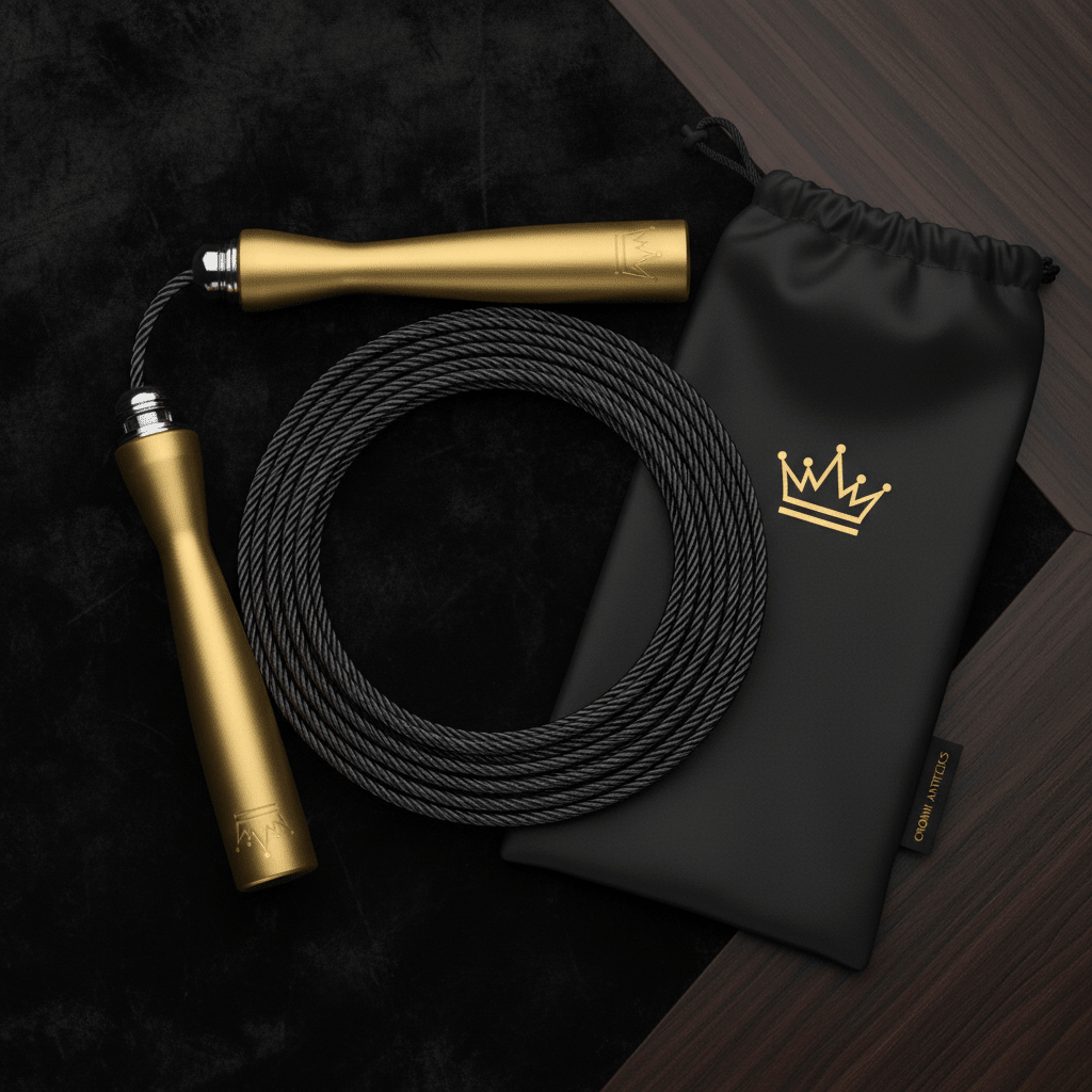 TITAN Volleyball Jump Rope Crown Edition matte black braided steel cable gold crown logo handles ball-bearing carry pouch flat lay