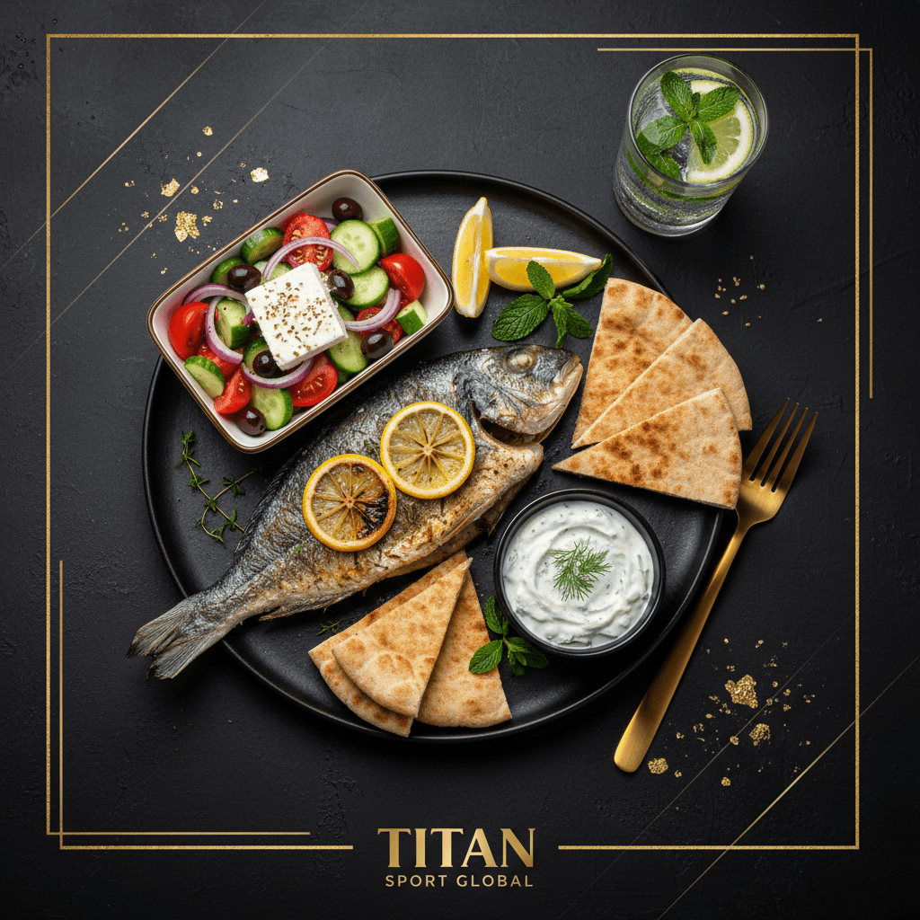 TITAN Greek Lemon Herb Sea Bream Breakfast Plate flat lay dark luxury