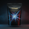 TITAN Quantum Pre-Workout supplement with Crown Edition matte black and gold packaging featuring explosive quantum neural energy burst artwork in electric blue, white, crimson and gold