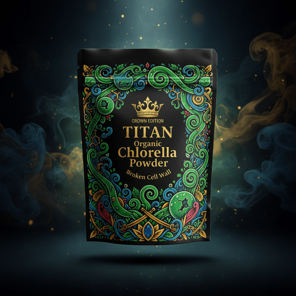 TITAN Organic Chlorella Powder — Broken Cell Wall, Crown Edition tattoo-style artwork