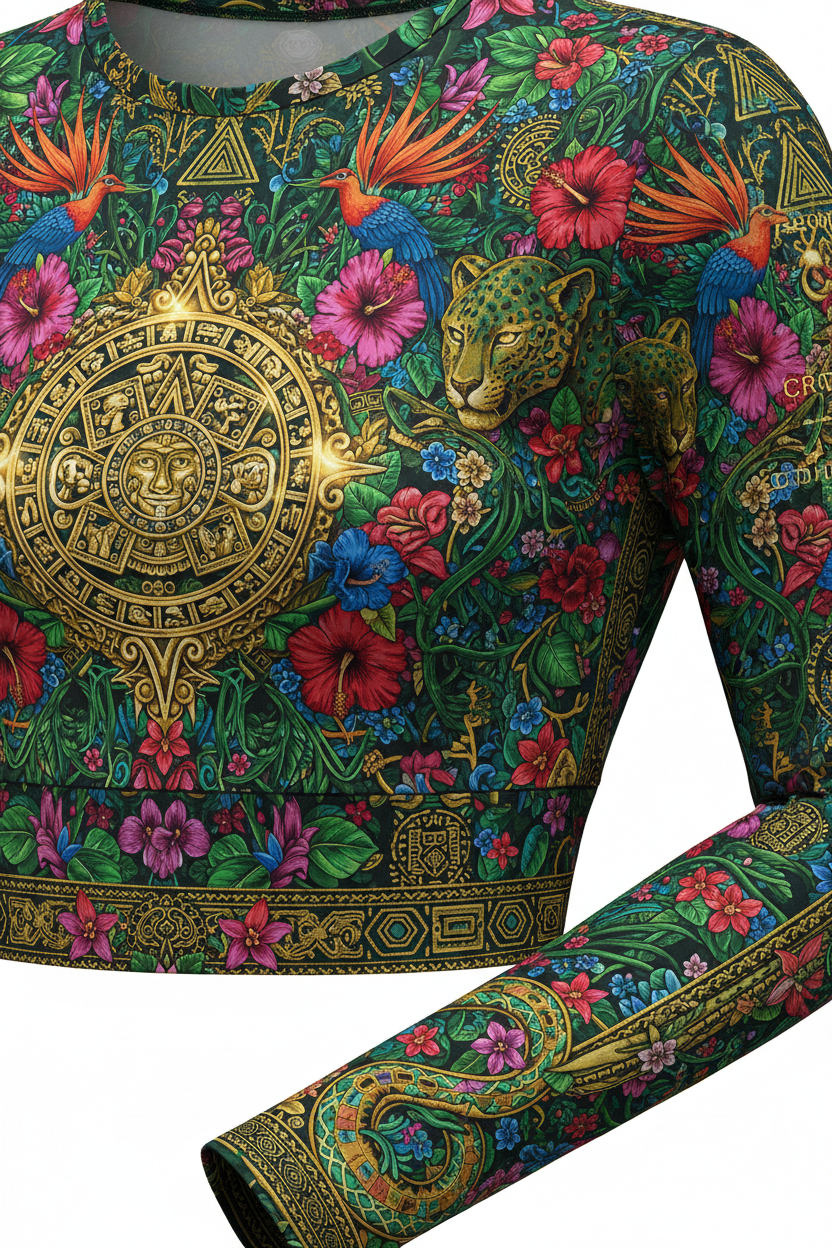 TITAN Women's Mayan Jungle Jaguar Sun Long Sleeve Crop — Ixchel Edition