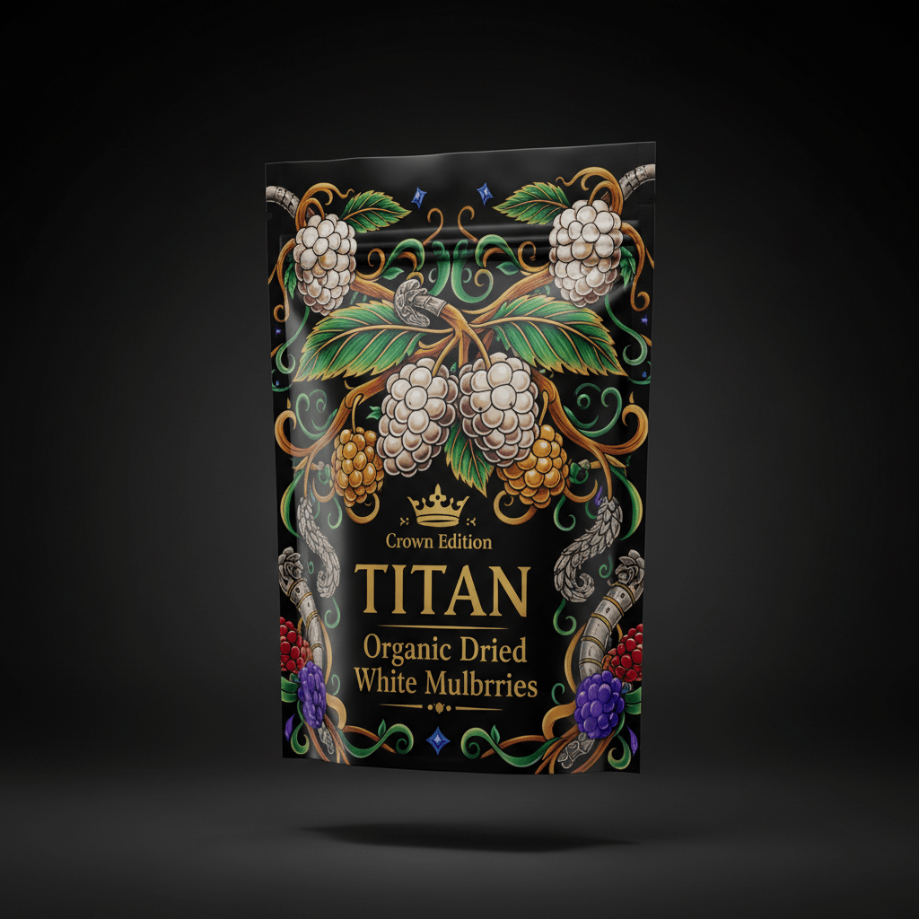 TITAN Organic Dried Mulberries — White, Crown Edition tattoo-style artwork