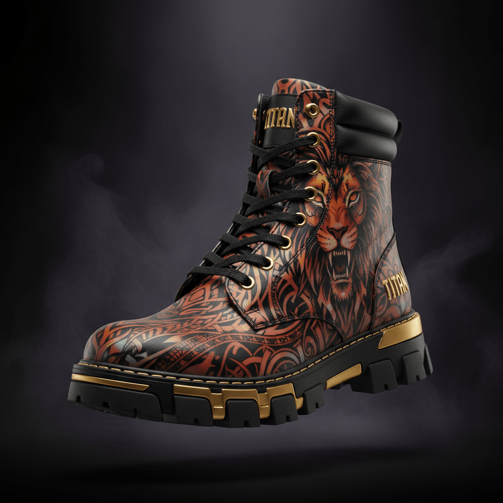 TITAN Crown Edition Lioness Warrior Queen Combat Boot burnt orange black holographic tribal design