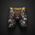 TITAN Crown Edition Men's Compression Shorts — Samurai Spirit tattoo artwork on matte black fabric