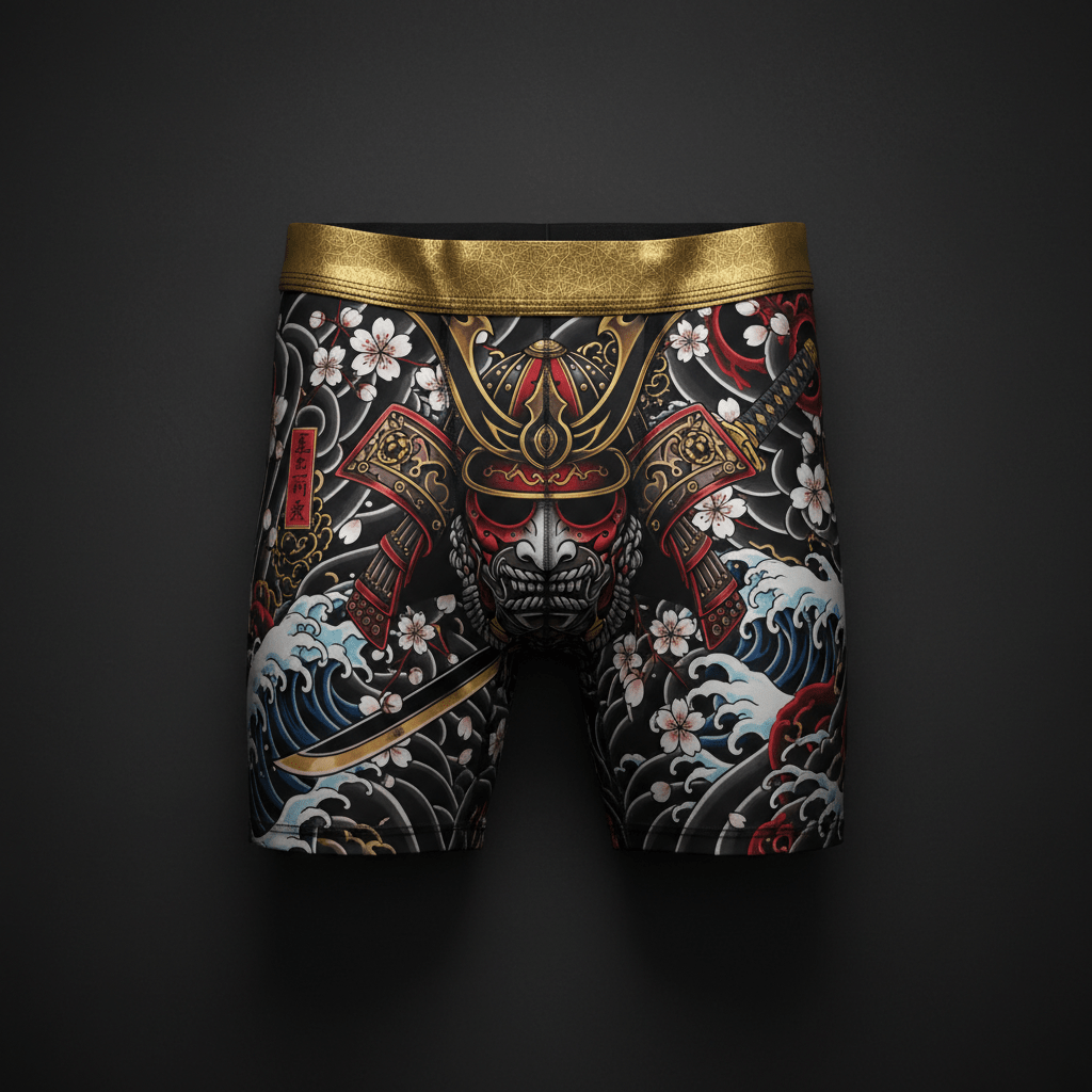 TITAN Crown Edition Men's Compression Shorts — Samurai Spirit tattoo artwork on matte black fabric
