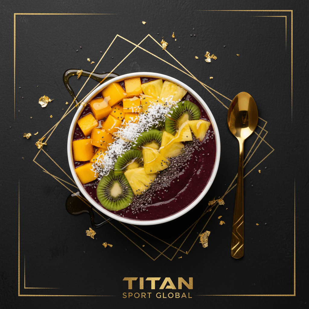 TITAN Brazilian Açaí Tropical Protein Bowl Breakfast flat lay dark luxury