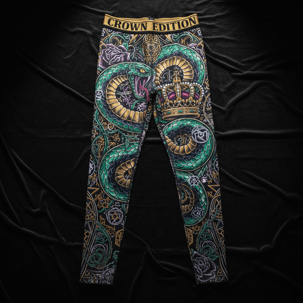 TITAN Crown Edition Men's Compression Tights — Serpent & Crown tattoo artwork on matte black fabric