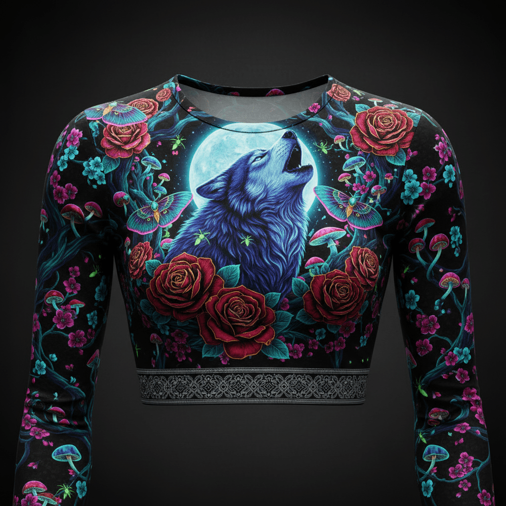 TITAN Women’s Midnight Wolf & Roses Long Sleeve Crop — Luna Noir Edition