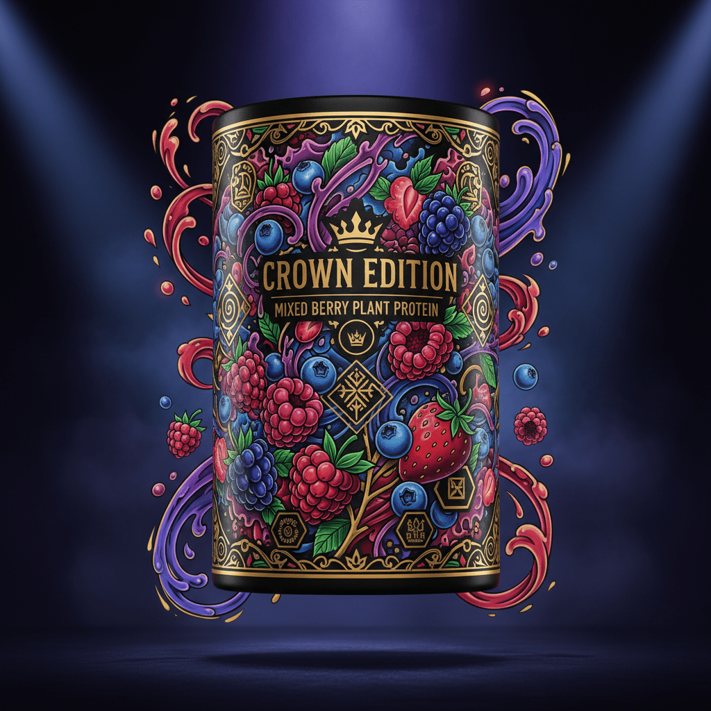 TITAN Plant Protein Powder Mixed Berry — Crown Edition bold tattoo-style artwork