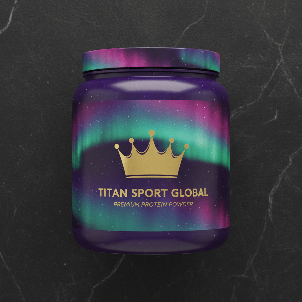 TITAN Whey Protein Powder Aurora Crown Edition tub flat lay