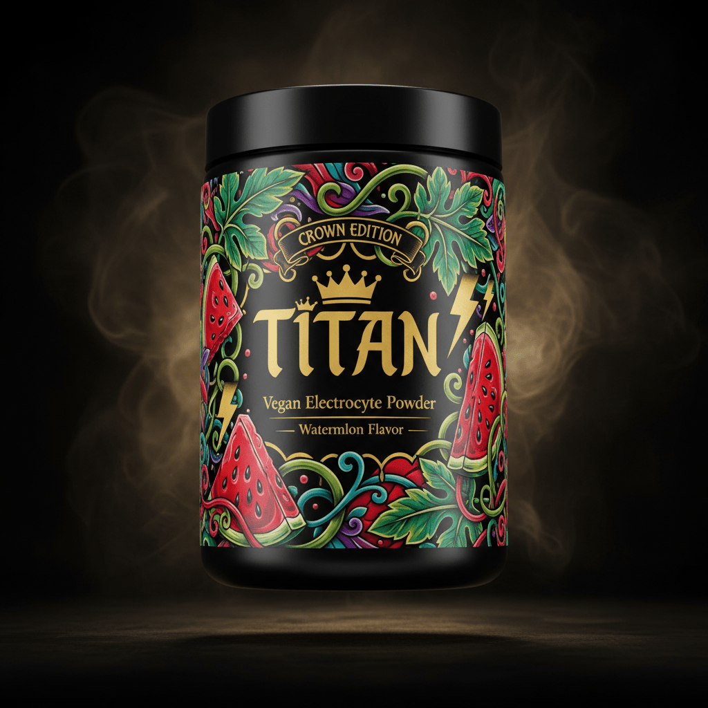 TITAN Vegan Electrolyte Powder — Watermelon, Crown Edition tattoo-style artwork
