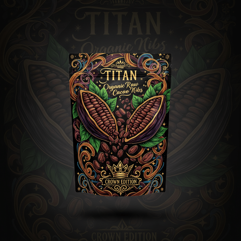 TITAN Organic Cacao Nibs — Raw, Crown Edition tattoo-style artwork
