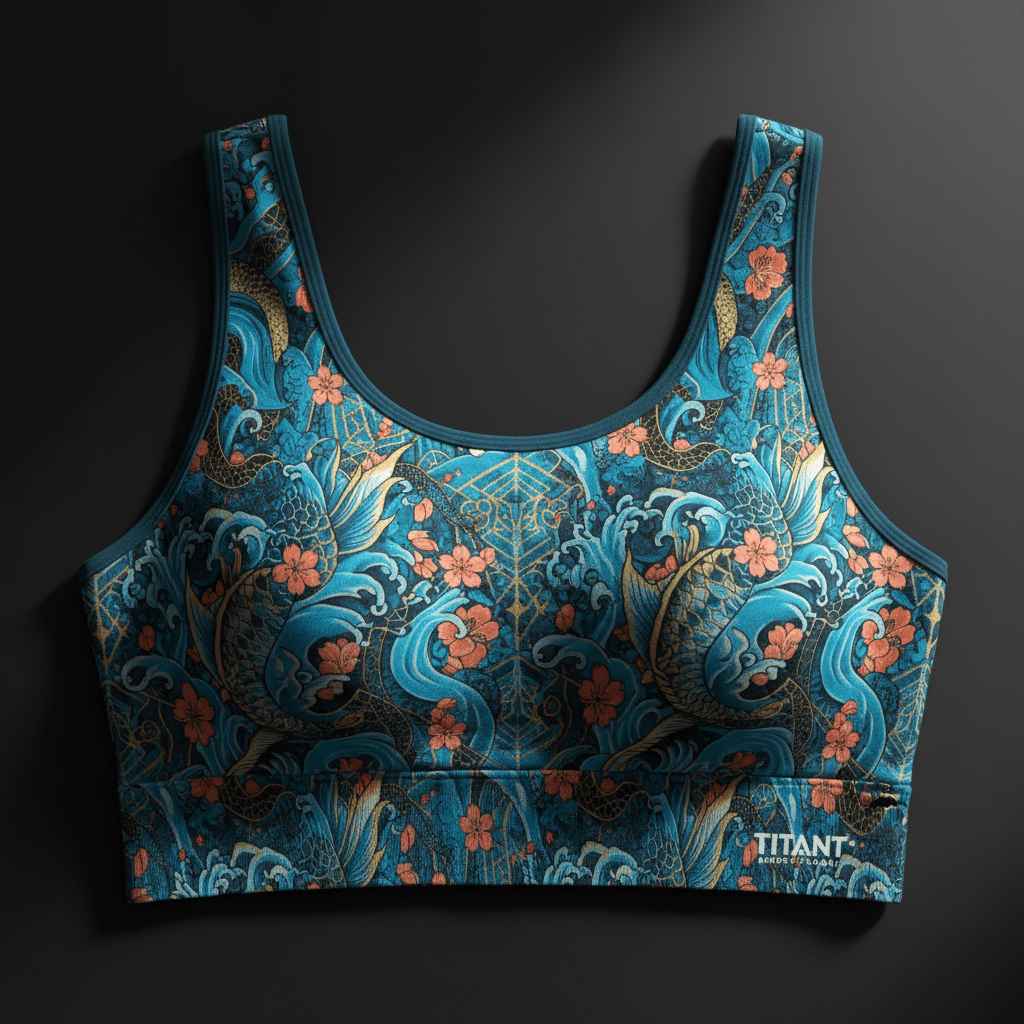 TITAN Crown Edition Koi Wave Sports Bra — Ocean Teal & Blue tattoo artwork