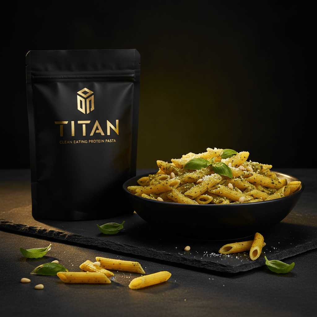 TITAN Clean Eating Protein Pasta Chickpea Penne — elegant pesto plated dish with golden chickpea penne, pine nuts and fresh basil