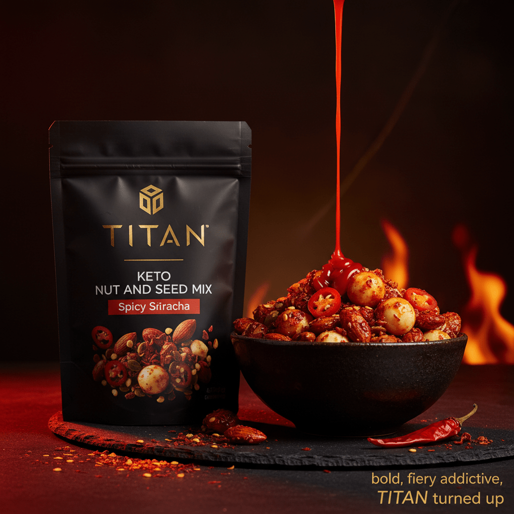 TITAN Keto Nut & Seed Mix Spicy Sriracha — dramatic heat shot with sriracha-glazed nuts, fresh red chilis and chili flakes, fiery red-orange lighting