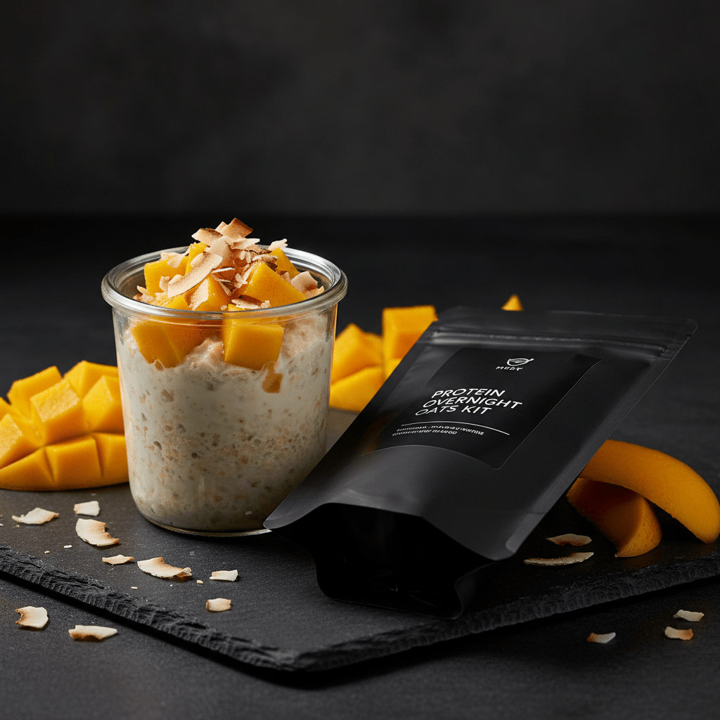 TITAN Protein Overnight Oats Kit – Coconut Mango, premium product photography