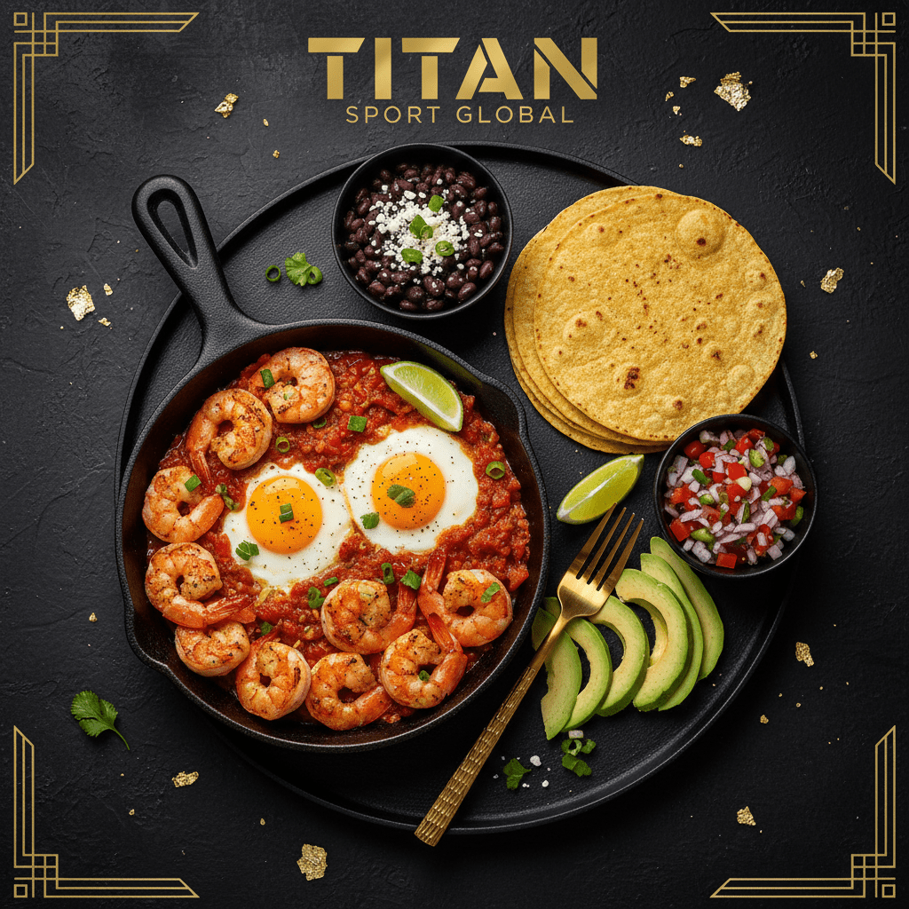 TITAN Mexican Shrimp Huevos Rancheros Breakfast meal kit flat lay dark luxury