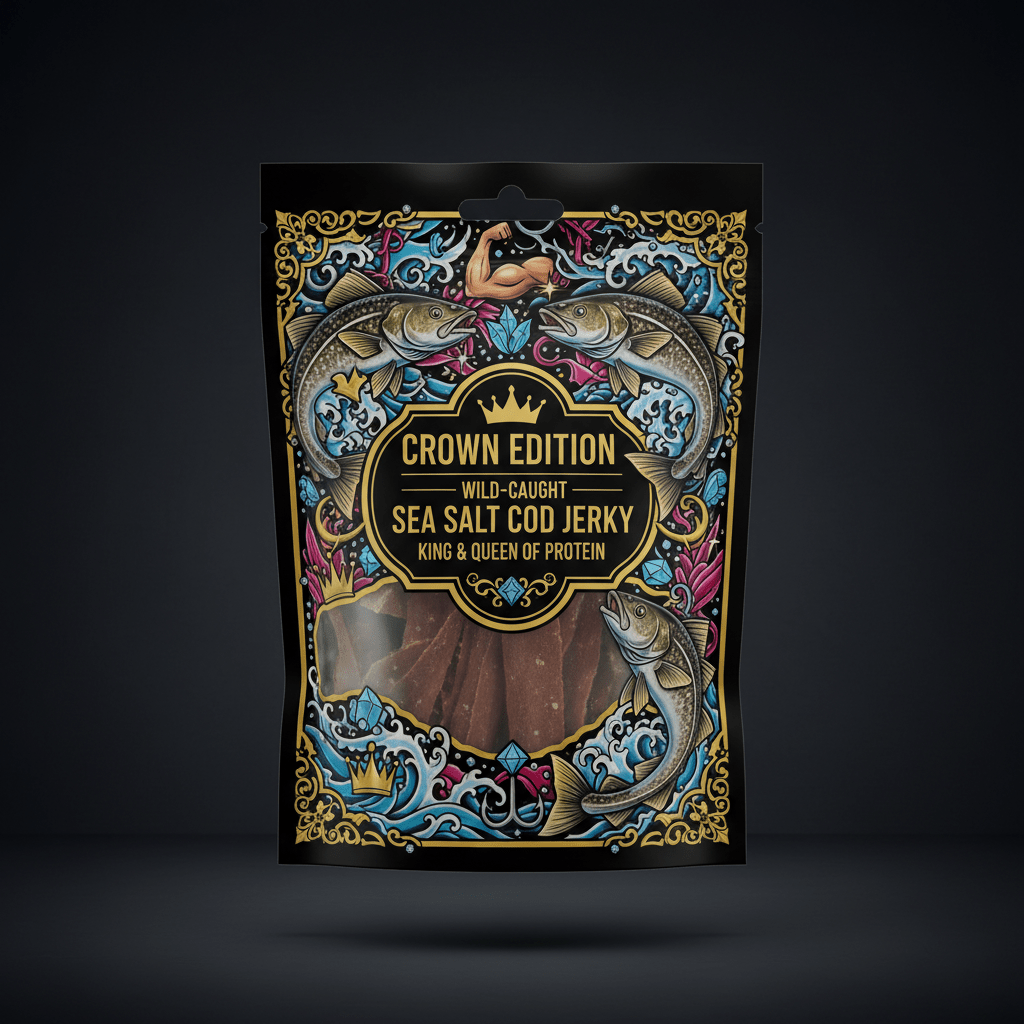 TITAN Protein Fish Jerky Sea Salt Cod — Crown Edition bold tattoo-style artwork