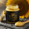 TITAN Sunflower Seed Butter Original Crown Edition — premium wide-mouth black glass jar product shot