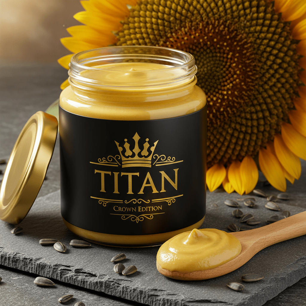 TITAN Sunflower Seed Butter Original Crown Edition — premium wide-mouth black glass jar product shot