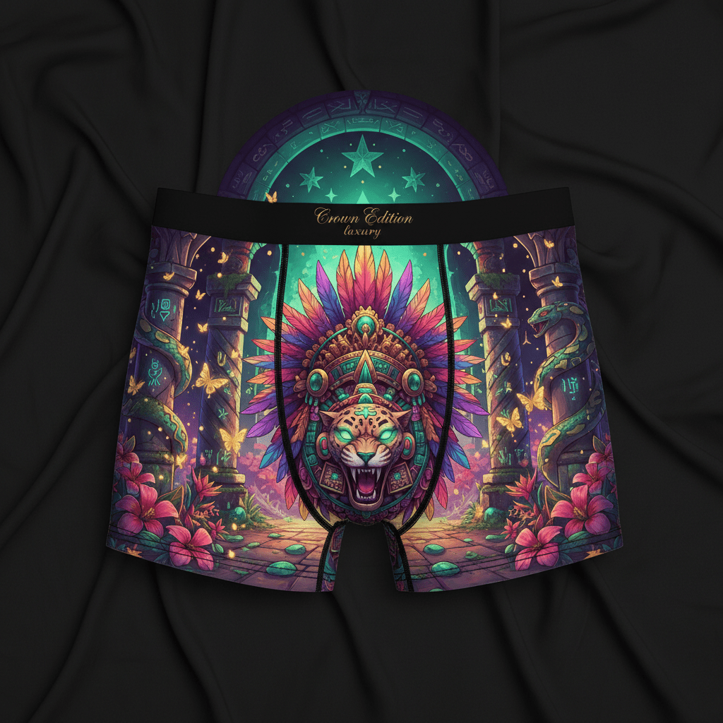 TITAN Aztec Goddess Women's Cozy Boxer Shorts Crown Edition — anime Aztec warrior art on matte black