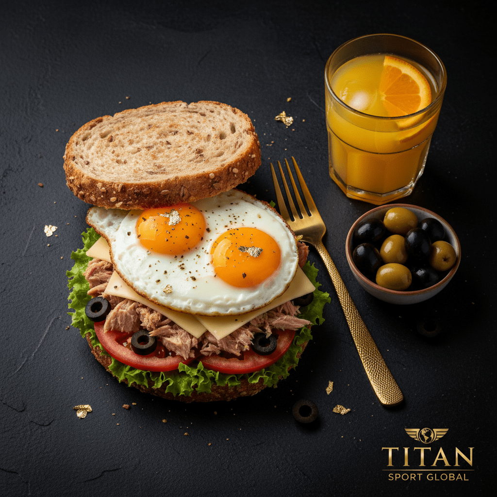 TITAN Uruguayan Smoked Tuna Egg Power Breakfast flat lay dark luxury
