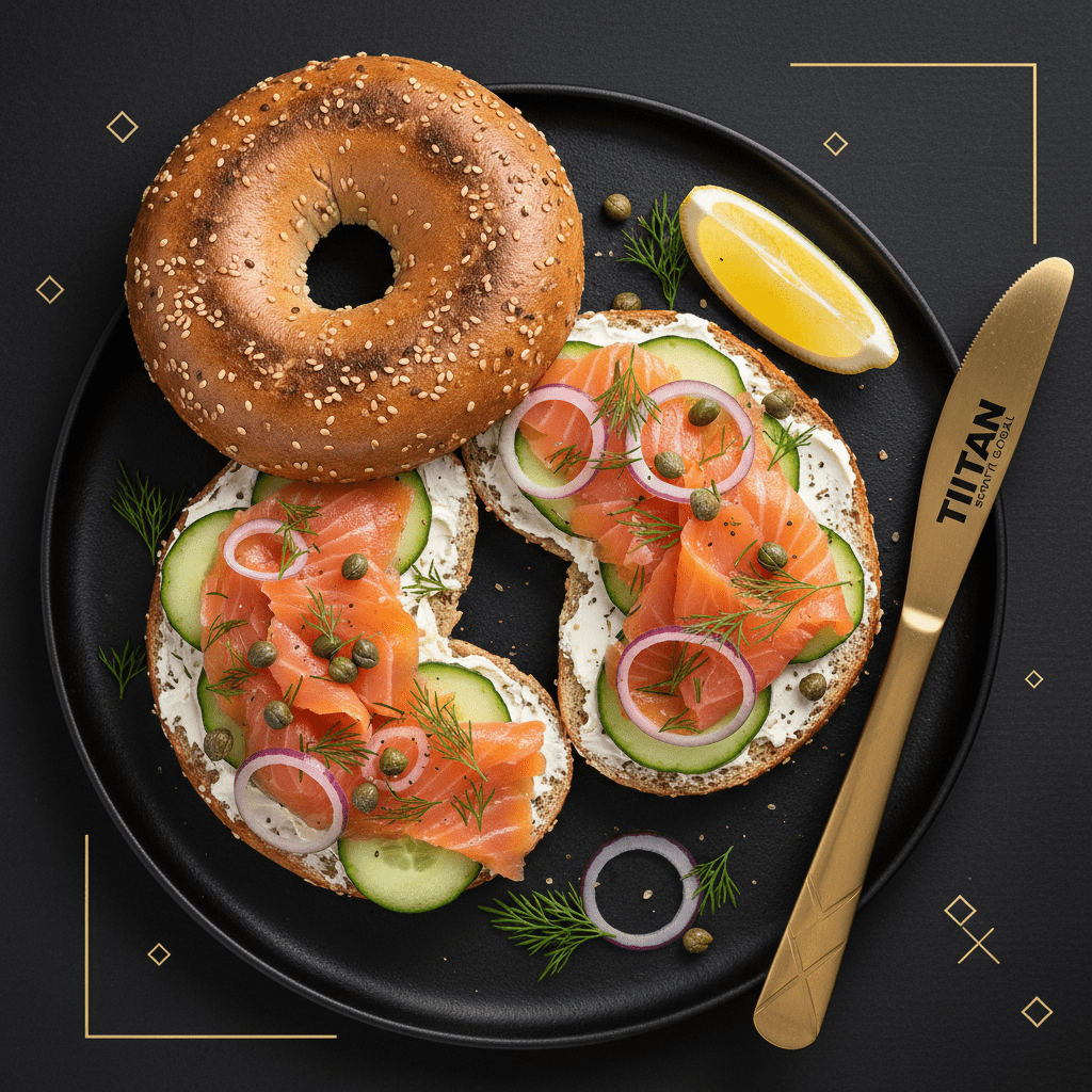 TITAN Smoked Salmon Everything Bagel Breakfast flat lay dark luxury