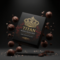 TITAN Protein Truffle Bites – Dark Chocolate Sea Salt, matte black box with gold crown tattoo artwork, dark chocolate truffles with Himalayan sea salt crystals